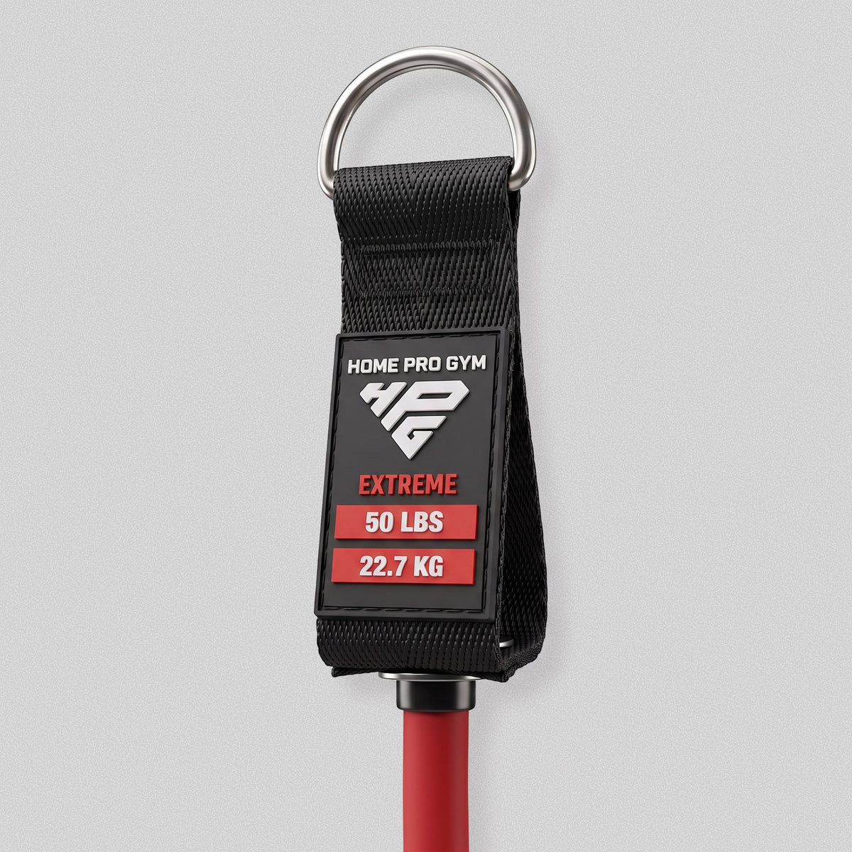 Handle tag on the HomeProGym red resistance band: Extreme, 50 lbs, 22.7 kg.