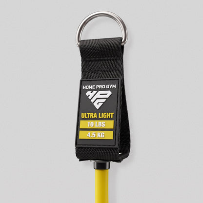 Handle tag on the HomeProGym yellow resistance band: Ultra Light, 10 lbs, 4.5 kg.