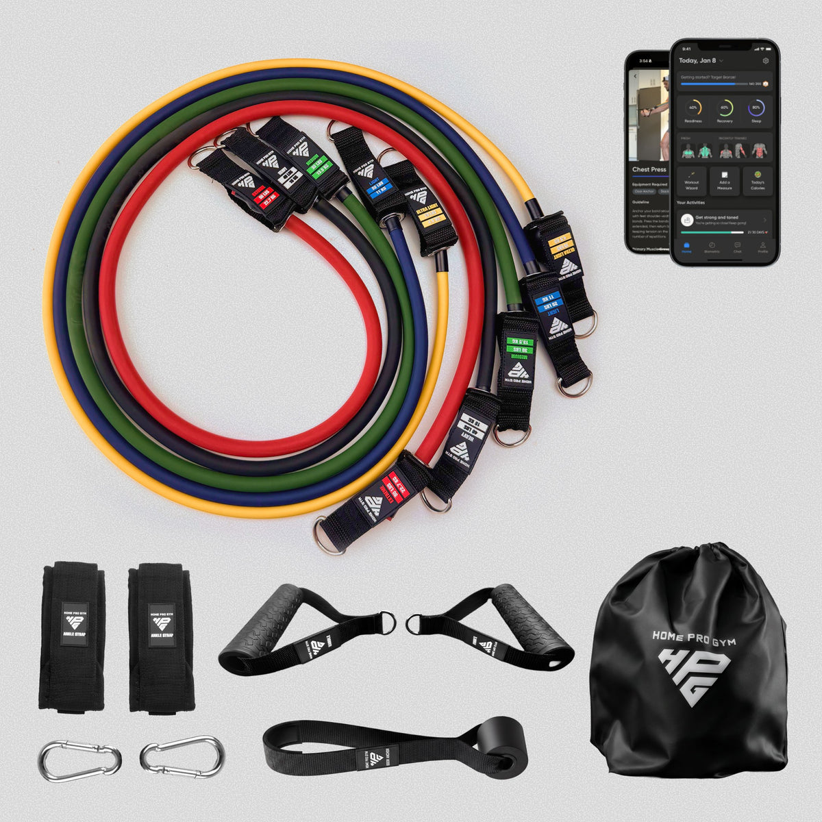 HomeProGym Pro Set: 5 tube resistance bands with handles, stacking to 150 lb.