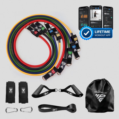 HomeProGym Pro Set with Lifetime Workout App: 5 tube resistance bands with handles, stacking to 150 lb.