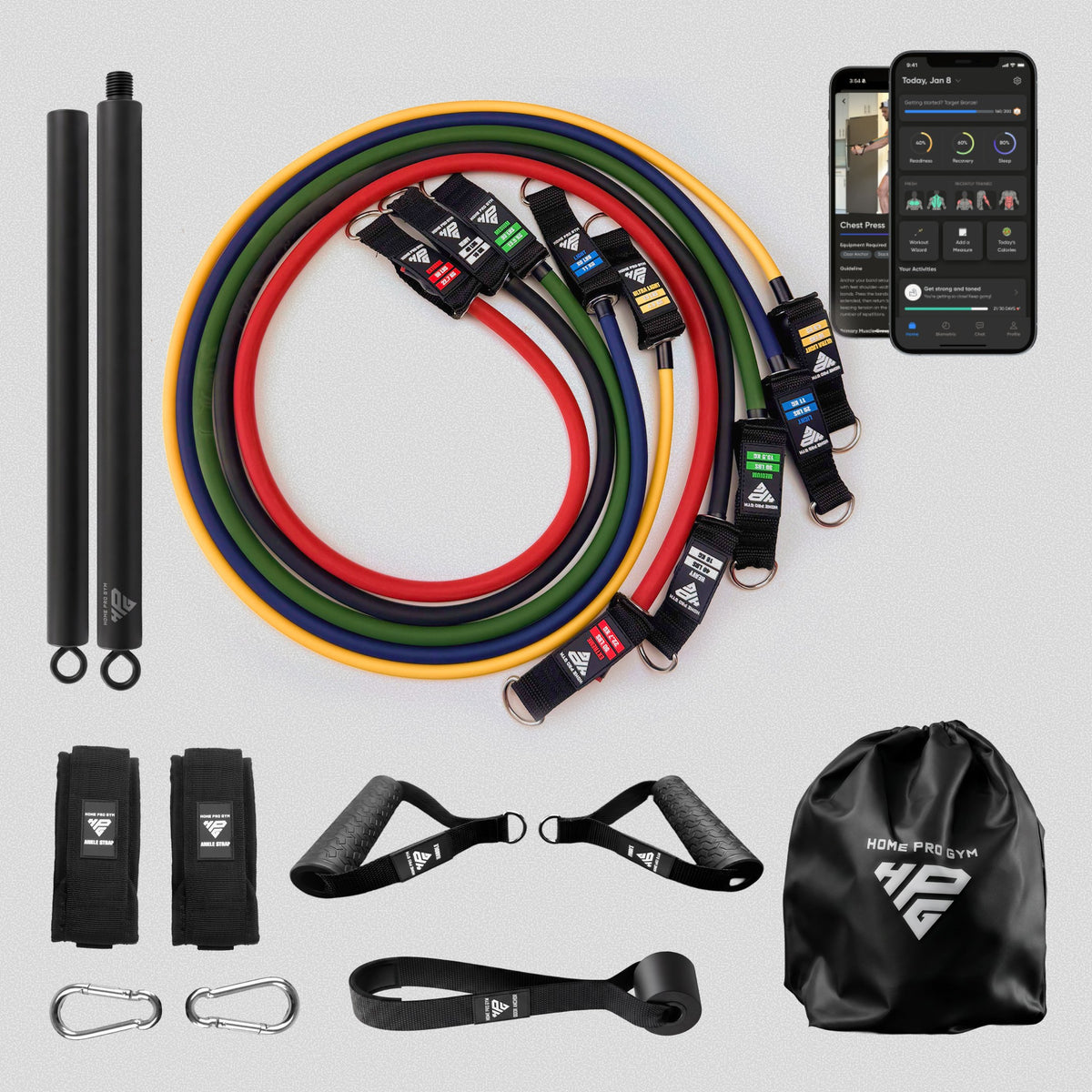 HomeProGym Pro Set with Resistance Bar: 5 tube resistance bands with handles, stacking to 150 lb.