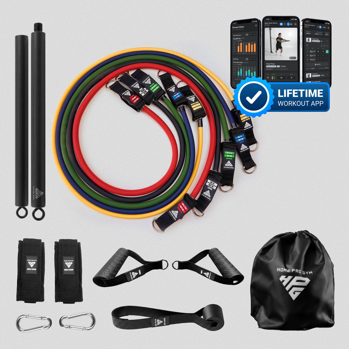 HomeProGym Pro Set with Resistance Bar and Lifetime Workout App: 5 tube resistance bands with handles, stacking to 150 lb.
