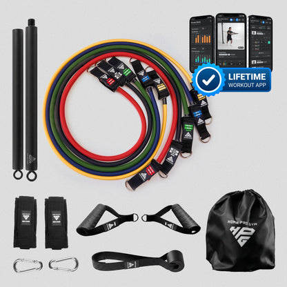 HomeProGym Pro Set with Resistance Bar and Lifetime Workout App: 5 tube resistance bands with handles, stacking to 150 lb.