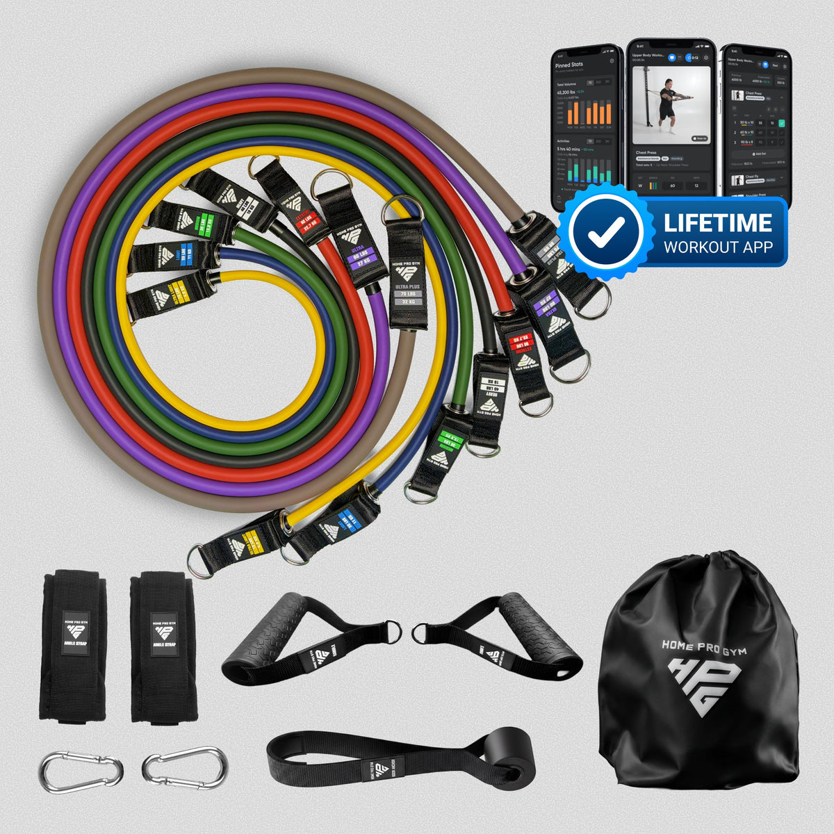 HomeProGym Ultra Set with Lifetime Workout App: 7 tube resistance bands with handles, stacking to 280 lb.
