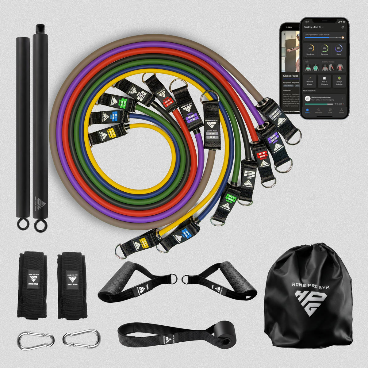 HomeProGym Ultra Set with Resistance Bar: 7 tube resistance bands with handles, stacking to 280 lb.