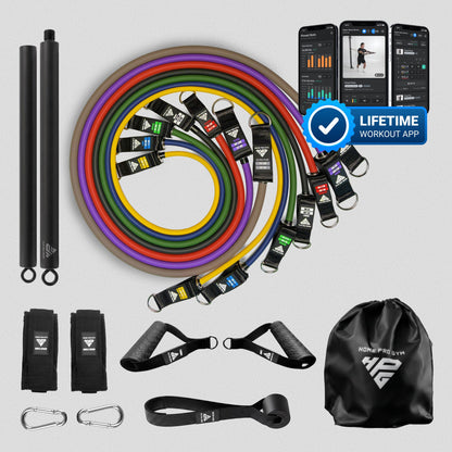 HomeProGym Ultra Set with Resistance Bar and Lifetime Workout App: 7 tube resistance bands with handles, stacking to 280 lb.