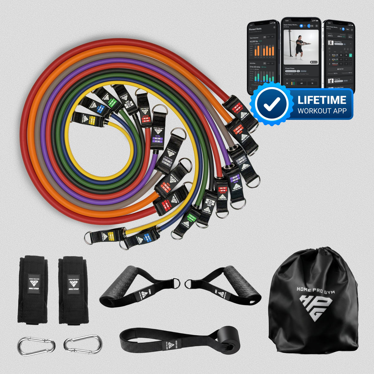 HomeProGym Mega Set with Lifetime Workout App: 9 tube resistance bands with handles, stacking to 450 lb.