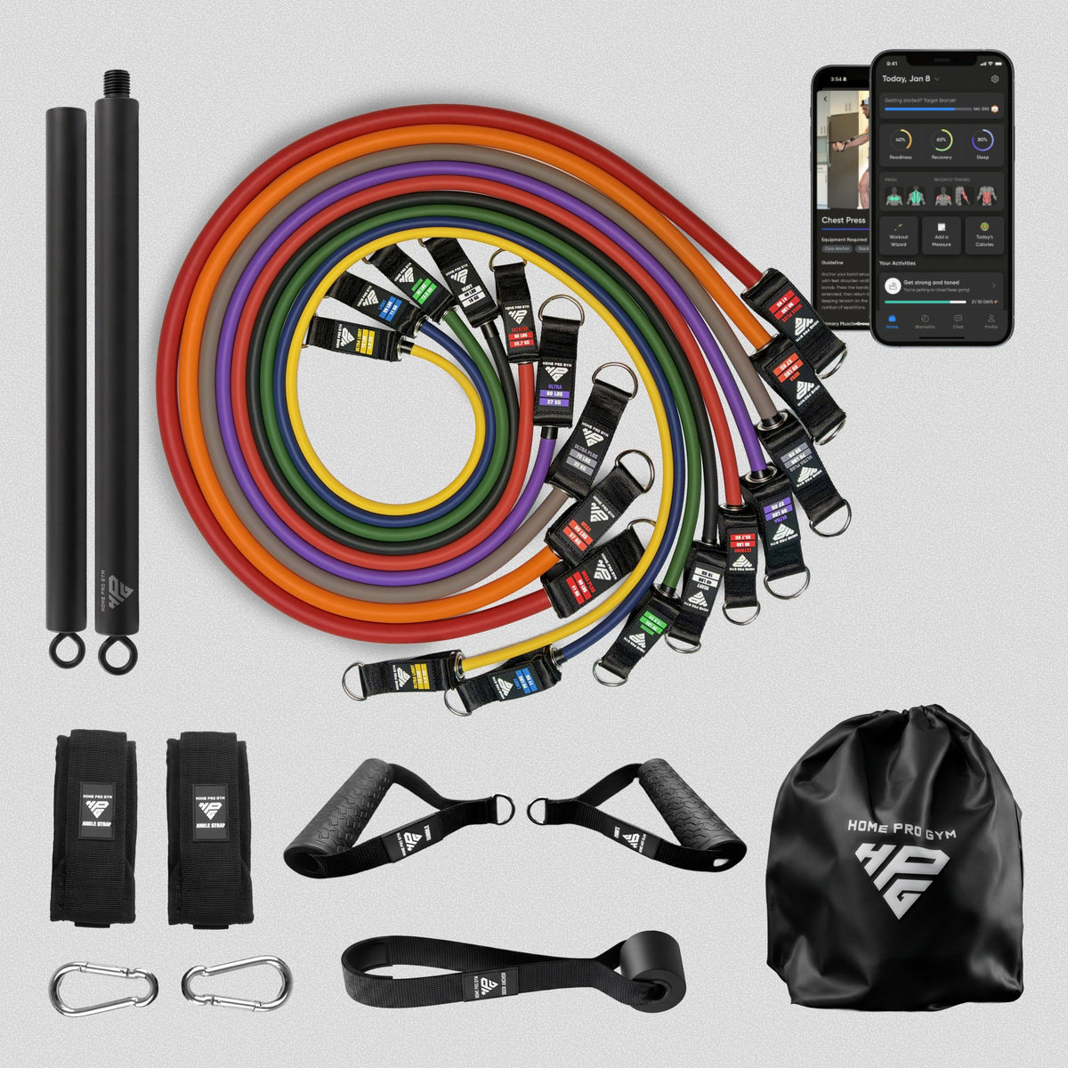 HomeProGym Mega Set with Resistance Bar: 9 tube resistance bands with handles, stacking to 450 lb.
