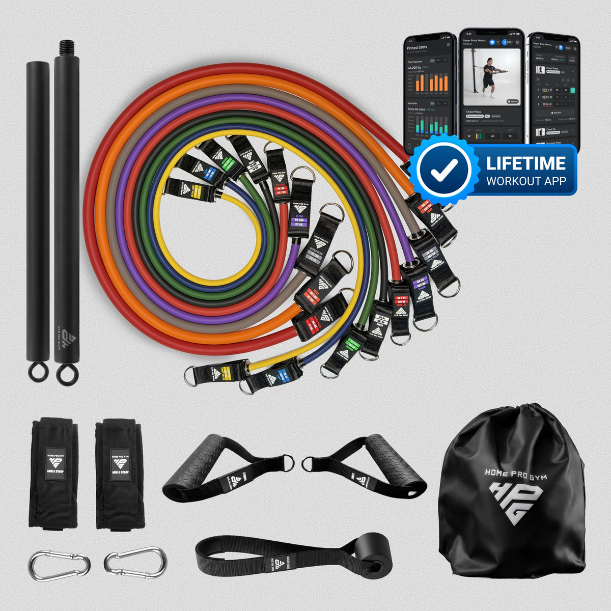HomeProGym Mega Set with Resistance Bar and Lifetime Workout App: 9 tube resistance bands with handles, stacking to 450 lb.