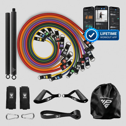 HomeProGym Mega Set with Resistance Bar and Lifetime Workout App: 9 tube resistance bands with handles, stacking to 450 lb.