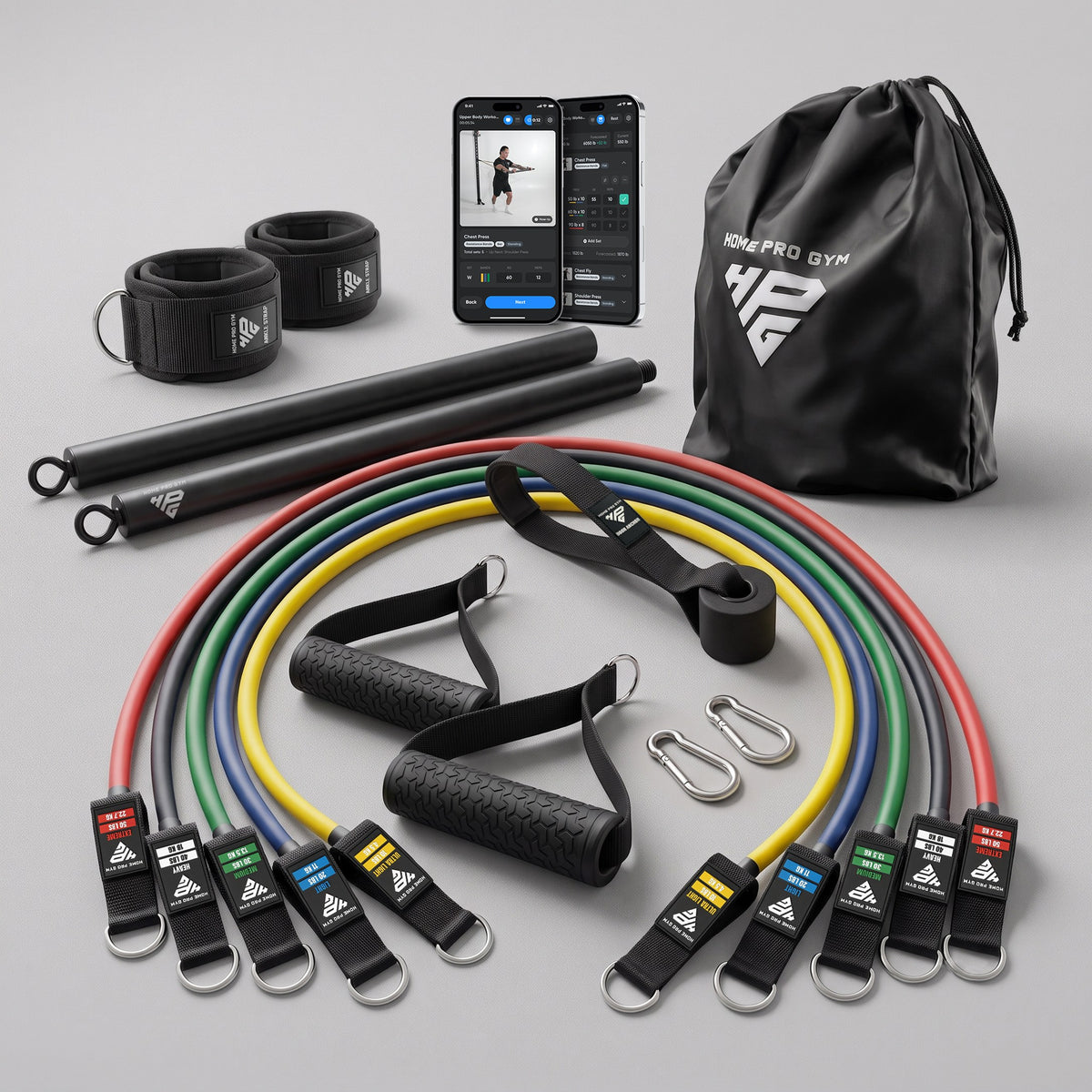 HomeProGym Pro Set laid out: 5 tube resistance bands, Resistance Bar, handles, door anchor, ankle straps, carabiners and bag.
