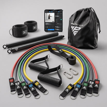 HomeProGym Pro Set laid out: 5 tube resistance bands, Resistance Bar, handles, door anchor, ankle straps, carabiners and bag.