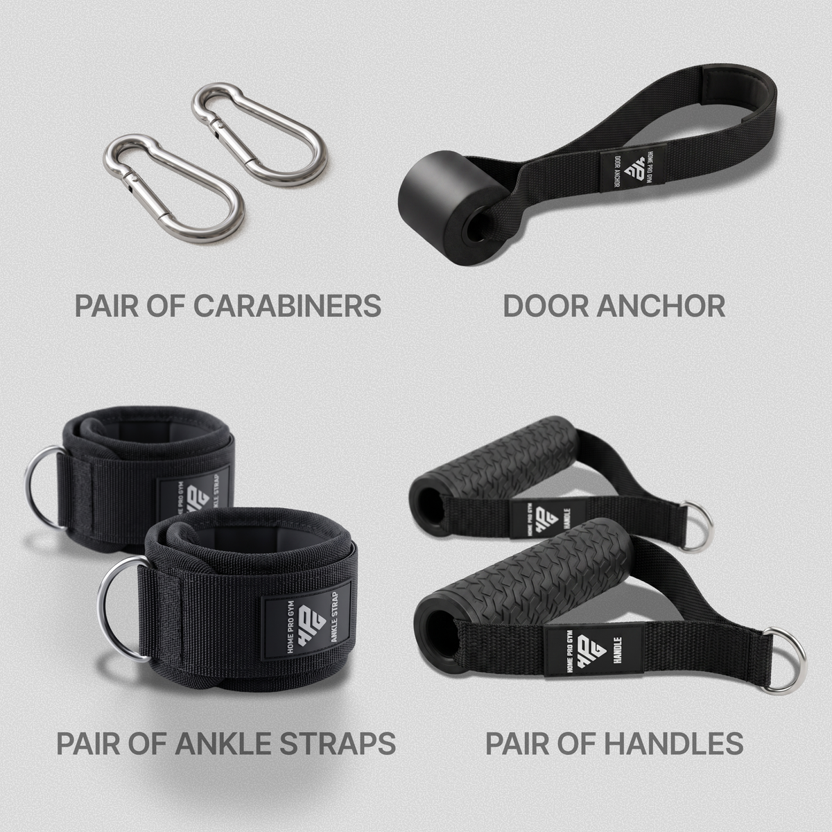 Included accessories: pair of carabiners, door anchor, pair of ankle straps and pair of handles.