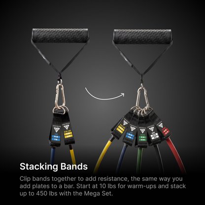 Stacking Bands: clip tube resistance bands together on one handle to add resistance, from 10 lbs up to 450 lbs.