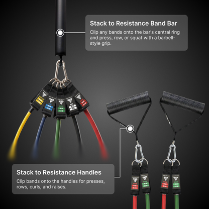 Resistance bands stacked on the Resistance Band Bar for presses, rows and squats, and on handles for curls and raises.
