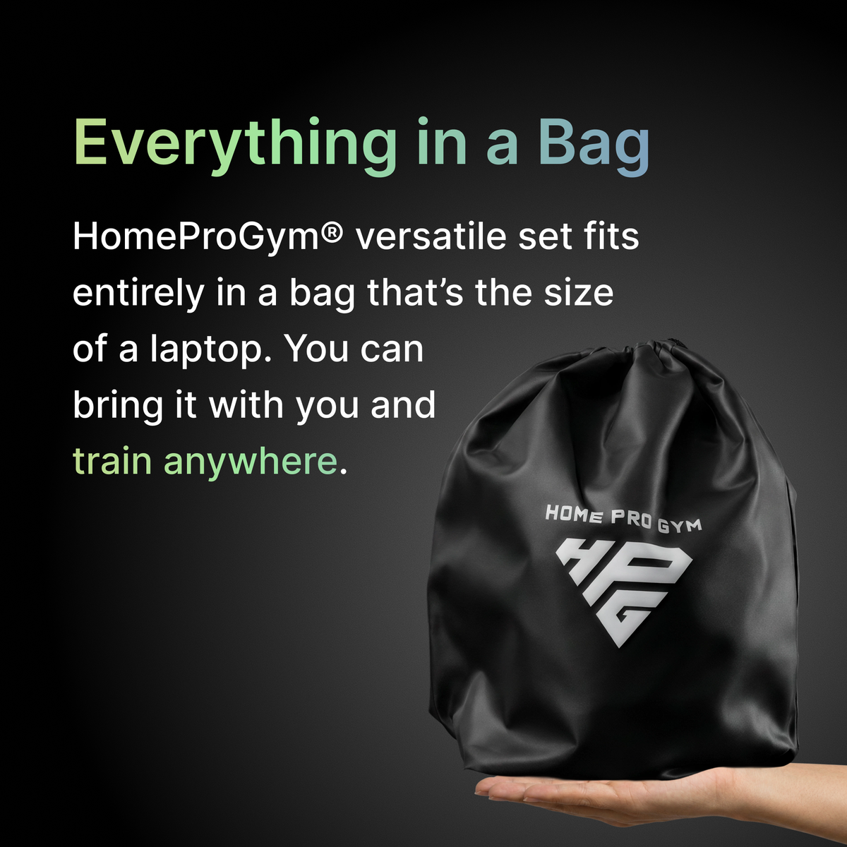 Everything in a Bag: the HomeProGym resistance bands set fits in a laptop-sized drawstring bag, resting on one hand.