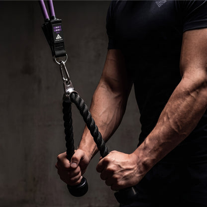 Tricep pushdown with the Tricep Rope clipped to a stackable band anchored overhead.