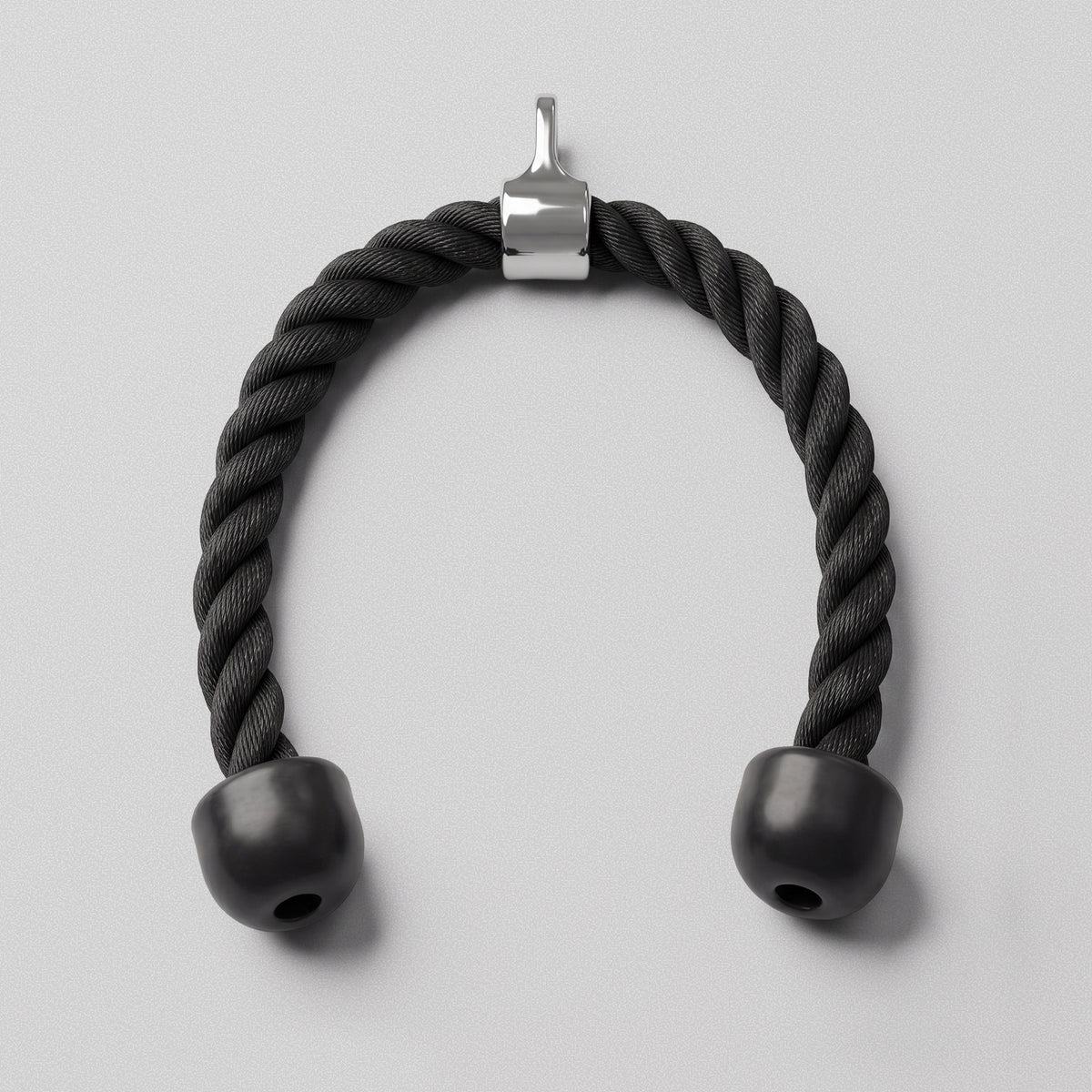 Tricep Rope hanging from its steel ring, showing the full rope and both rubber end caps.
