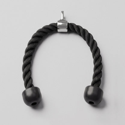 Tricep Rope hanging from its steel ring, showing the full rope and both rubber end caps.