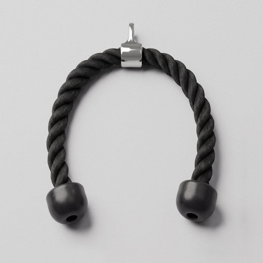 Tricep Rope hanging from its steel ring, showing the full rope and both rubber end caps.