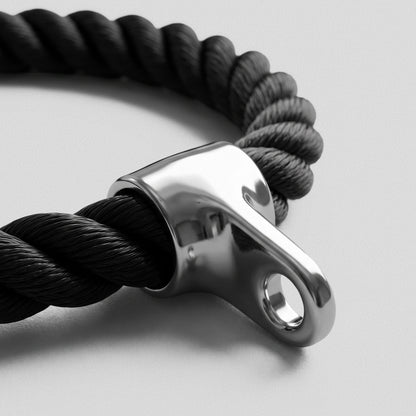 Polished steel attachment on the Tricep Rope where the carabiner clips through.