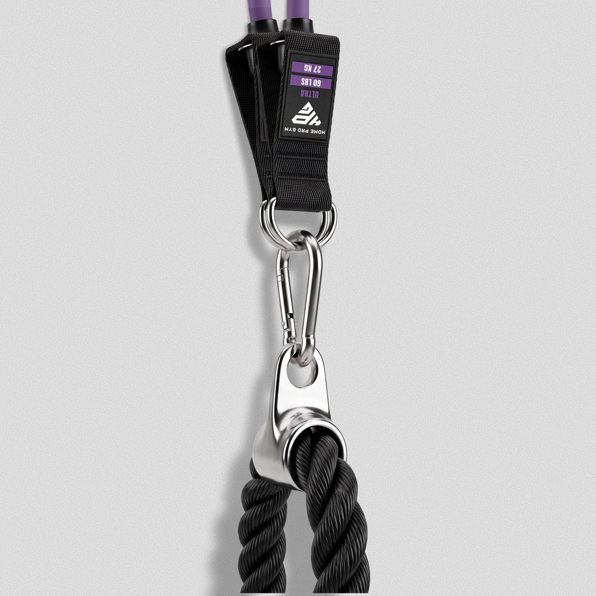 Tricep Rope clipped by carabiner to the strap end of a HomeProGym Ultra band.