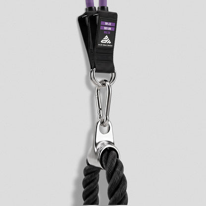 Tricep Rope clipped by carabiner to the strap end of a HomeProGym Ultra band.