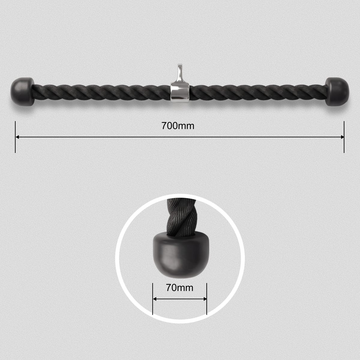 Tricep Rope dimension drawing: 700 mm long, 70 mm end caps.