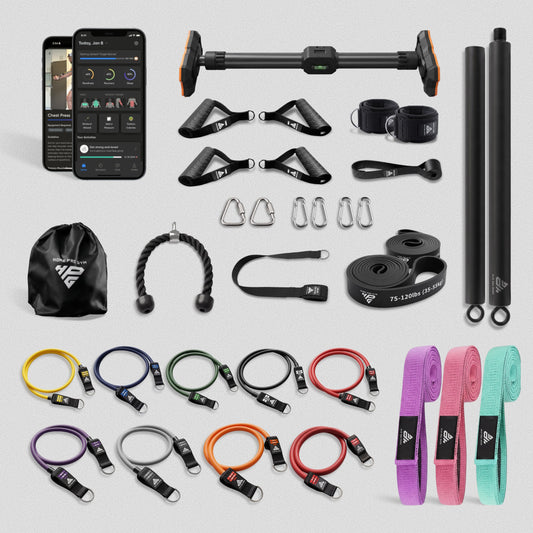 HomeProGym Ultimate Bundle: 9 tube resistance bands with handles, 2 loop bands, Body Band Set, Pull-up Bar and accessories.