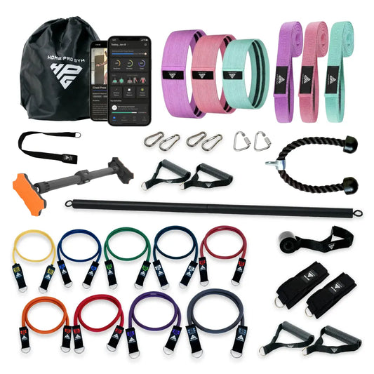 HomeProgym Ultimate Bundle with PowerTube Stackable Bands Set and NylonFelt Resistance Bands with full complementary accessories.
