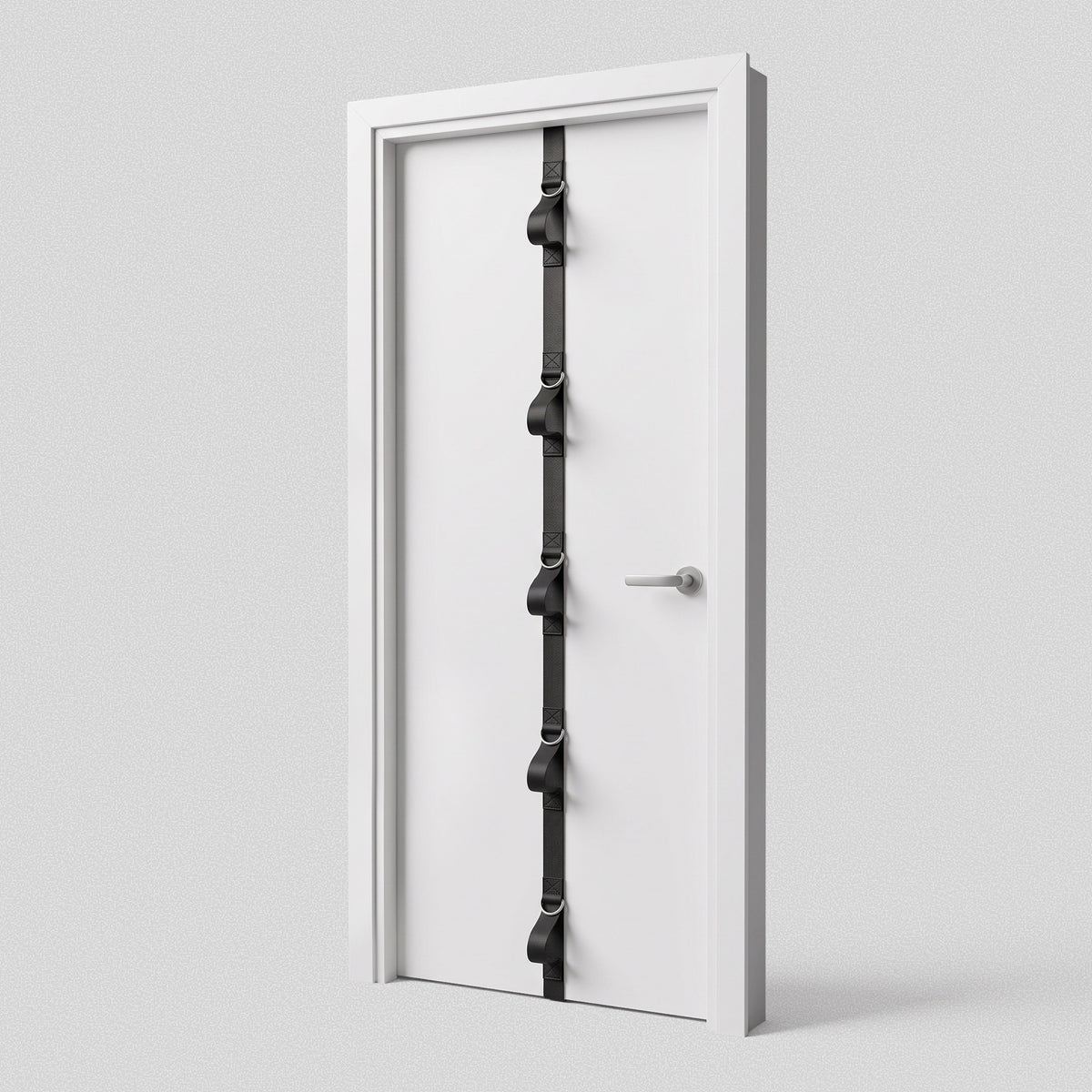 HomeProGym Ultra Door Anchor: full-length black strap with multiple D-ring loops fitted over a door.