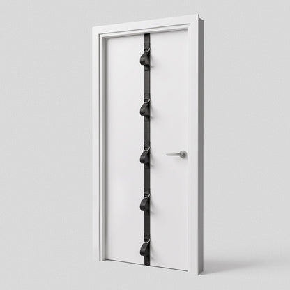 HomeProGym Ultra Door Anchor: full-length black strap with multiple D-ring loops fitted over a door.