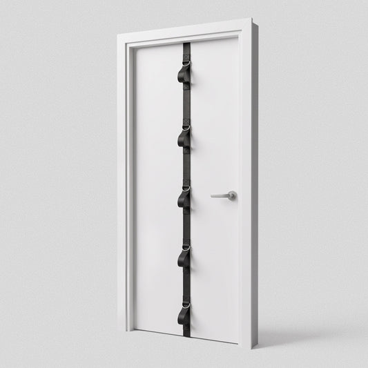 HomeProGym Ultra Door Anchor: full-length black strap with multiple D-ring loops fitted over a door.
