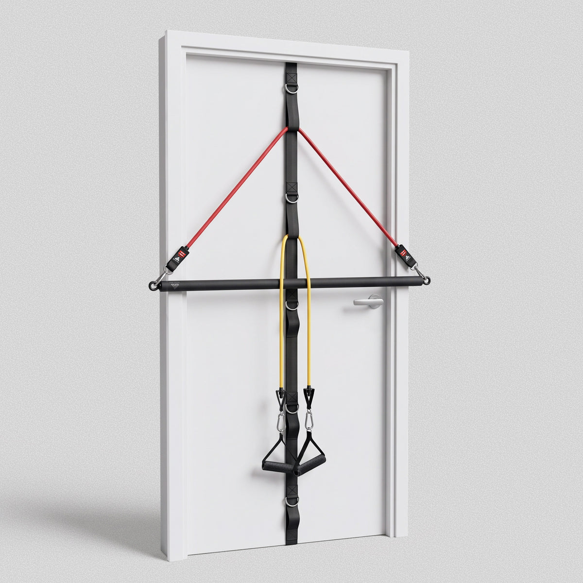 Ultra Door Anchor on a door with the bar and two bands clipped to its loops at different heights.