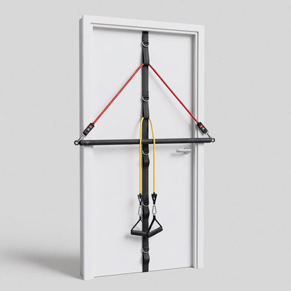 Ultra Door Anchor on a door with the bar and two bands clipped to its loops at different heights.