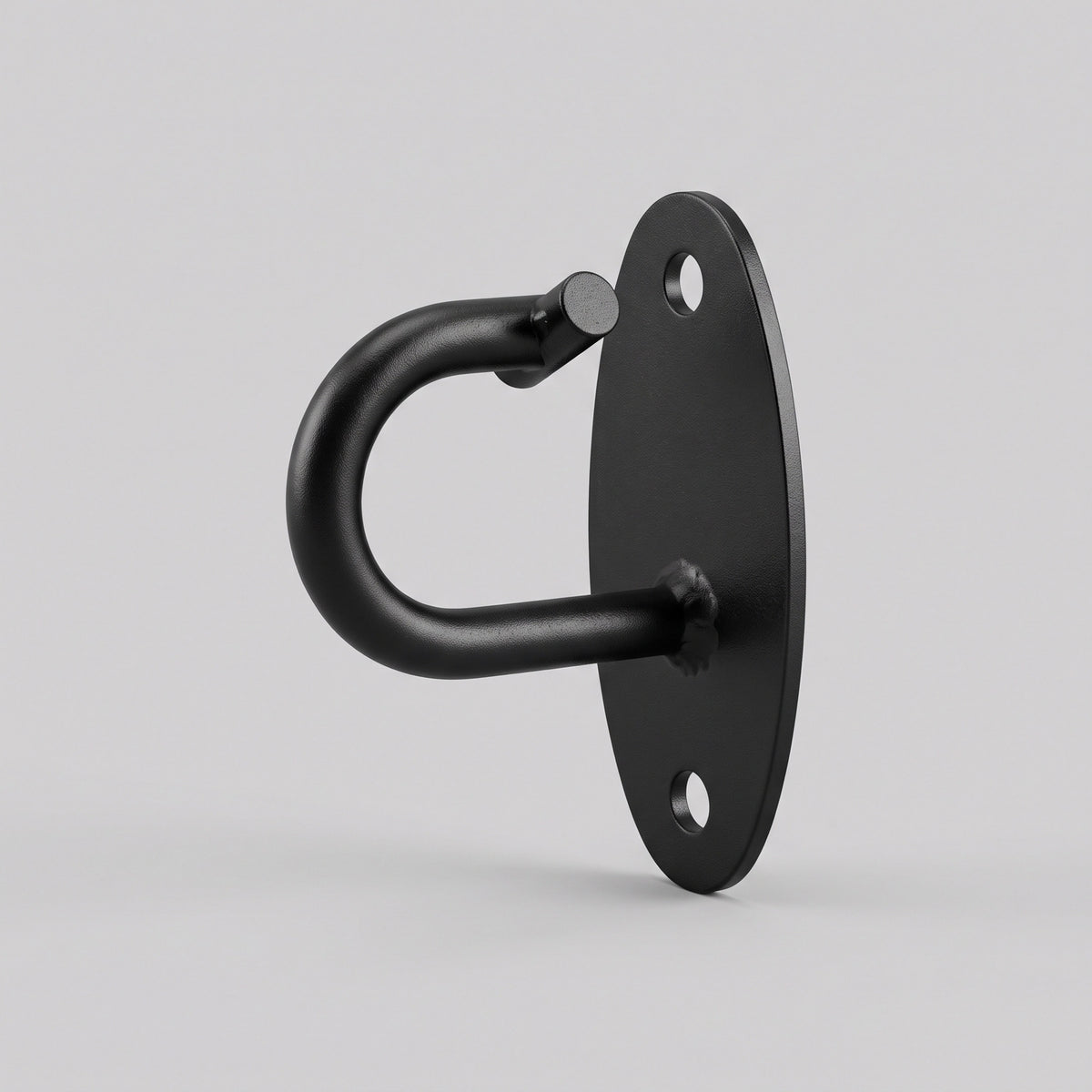 HomeProGym Wall Mount: black steel hook on an oval plate with two screw holes.