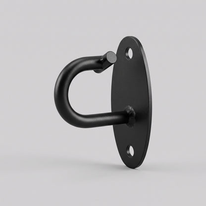 HomeProGym Wall Mount: black steel hook on an oval plate with two screw holes.