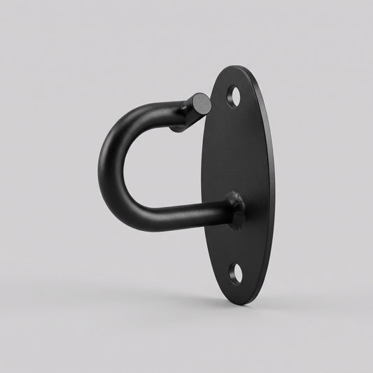 HomeProGym Wall Mount: black steel hook on an oval plate with two screw holes.