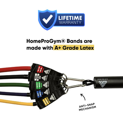 5 HomeProGym resistance bands attached to resistance bar with lifetime warranty badge and grade A latex info