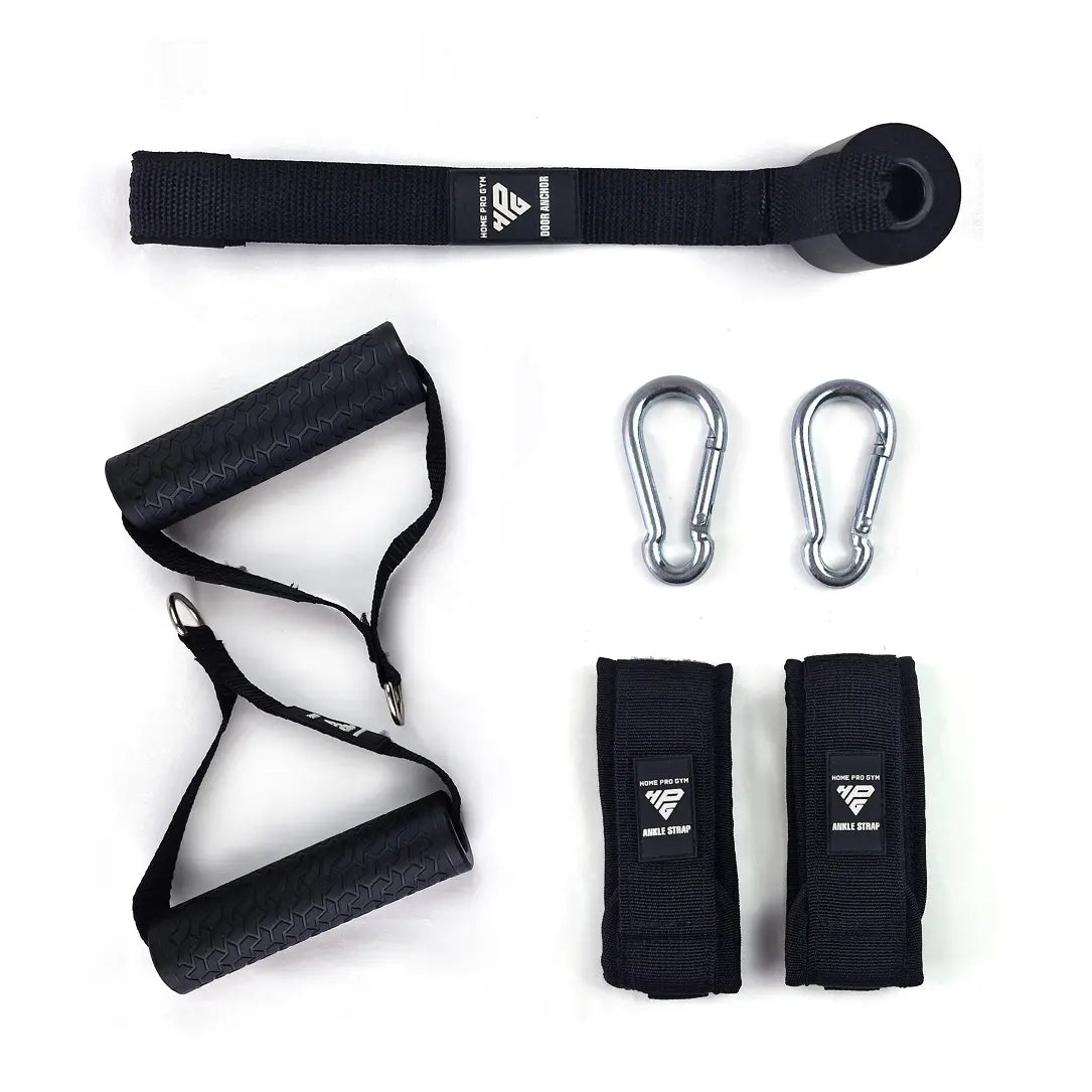 HomeProGym PowerTube resistance band bundle accessories laid out on a white background