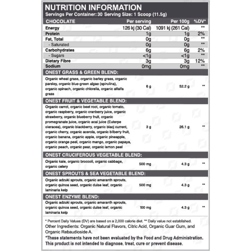 ONEST Supergreens - Chocolate Nutritional Information