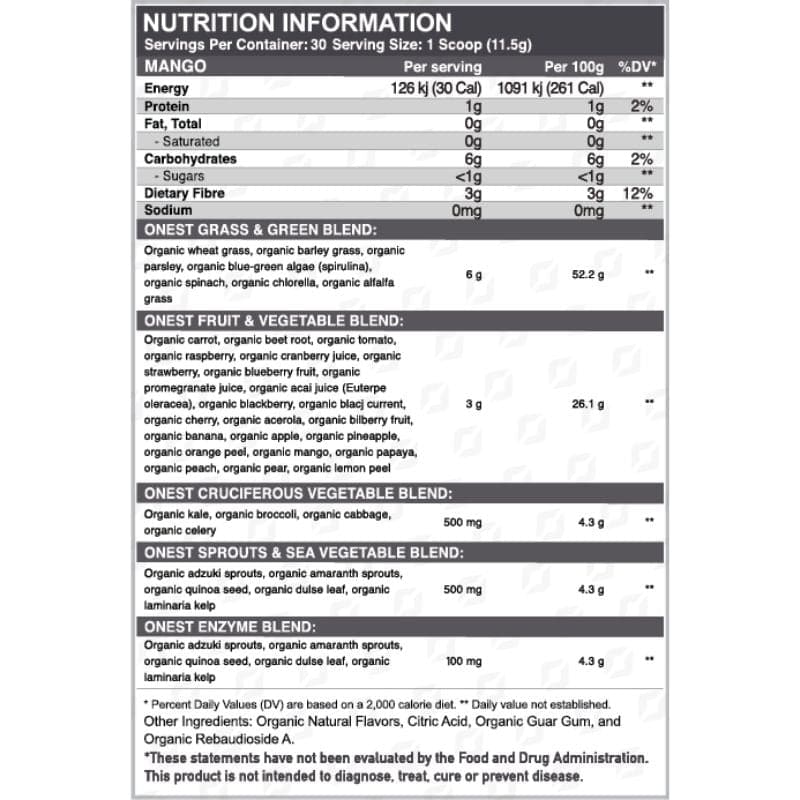 ONEST Supergreens - Mango Nutritional Information